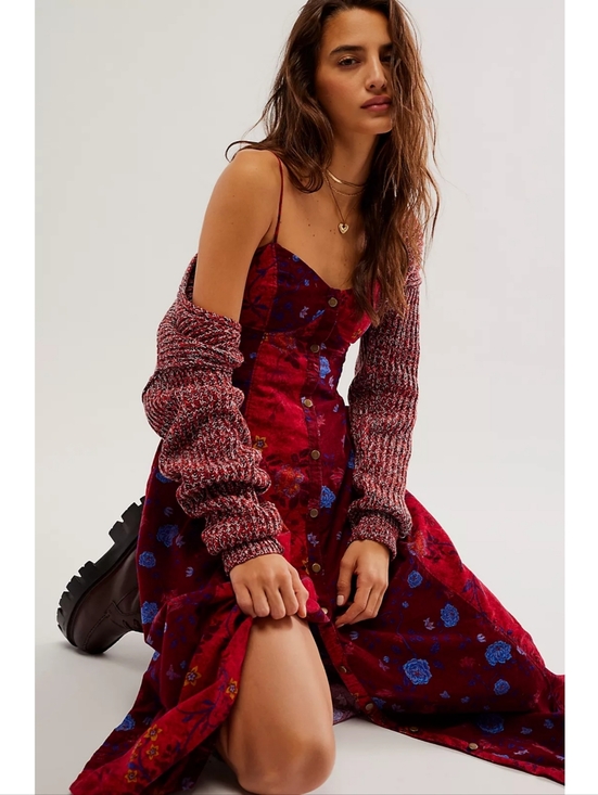 Free People Dresses & Skirts - Free People Gail Midi‎ Dress Scarlet Combo Colorblocked Floral Corduroy